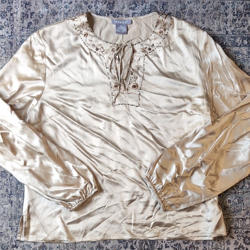 100% Silk Vintage Kenar Gold Satin Blouse w/ Embroidery & Beading